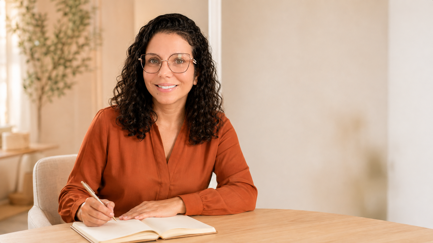 Érika escrevendo em um caderno durante um momento de clareza